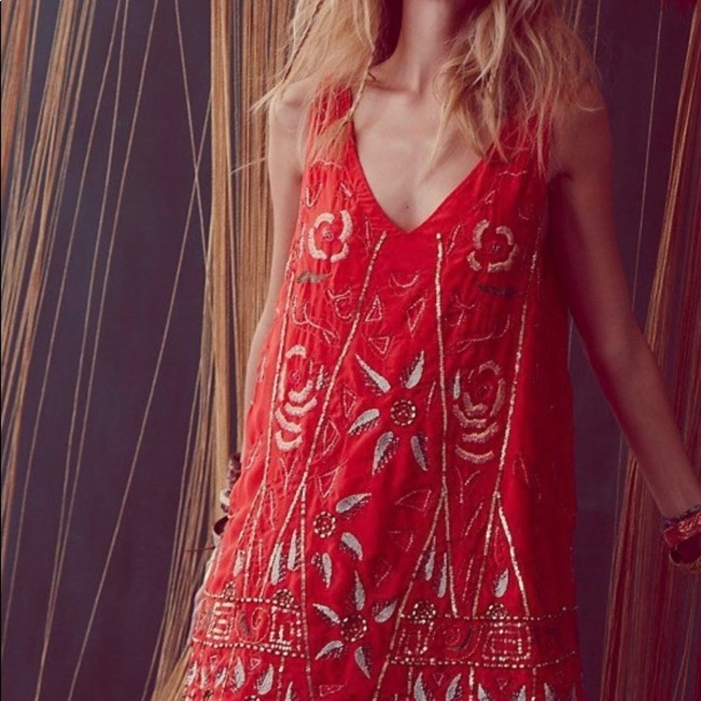 Free People Secret Garden Embellished Coral Shift Dress Small Beaded Sequin Tank